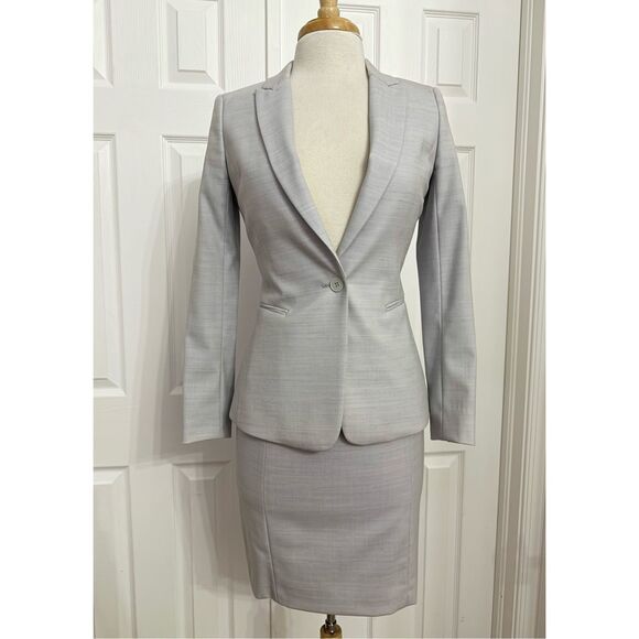 Reiss Light Blue Gray Wool Blend Lined Blazer Jacket Skirt Suit Set 2 Piece Size - Picture 1 of 10